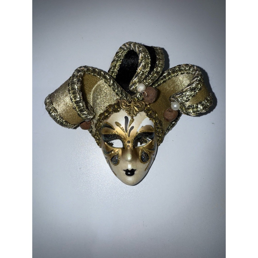 Venetian Mask Made In Venezia, Italy Intricately Painted Gold/ White With Bells